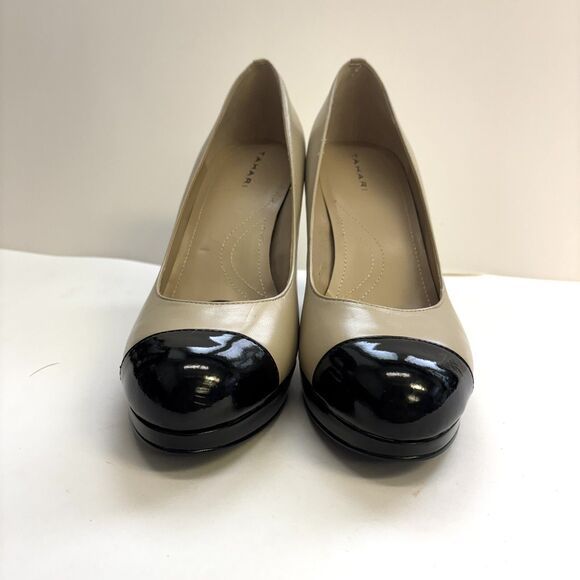 TAHARI Laura Two Tone Leather Pump Heels Black & Tan NEW - Picture 2 of 11